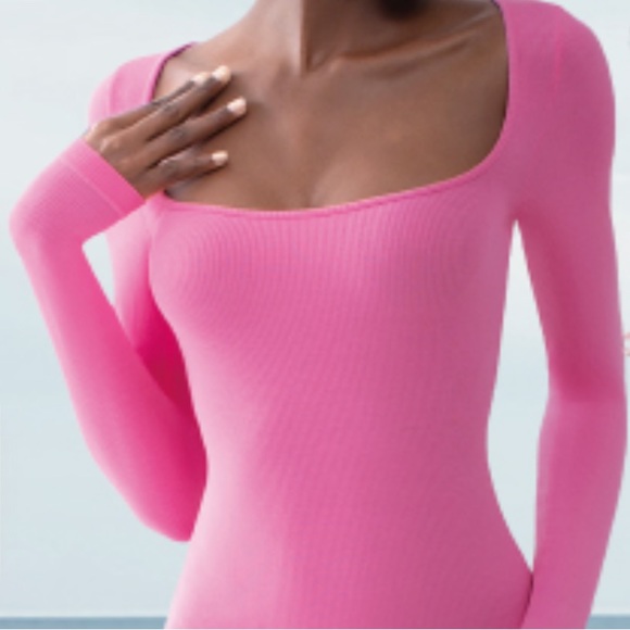 🆕XS BUBBLE GUM PINK SOFT LOUNGE LONG SLEEVE SQUARE NECK RIBBED SKIMS STYLE MAXI - Picture 5 of 15